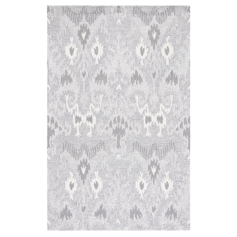 Tapis ivoire / gris en laine / coton touffeté à la main Ikat, Rectangle 8 pi x 10 pi