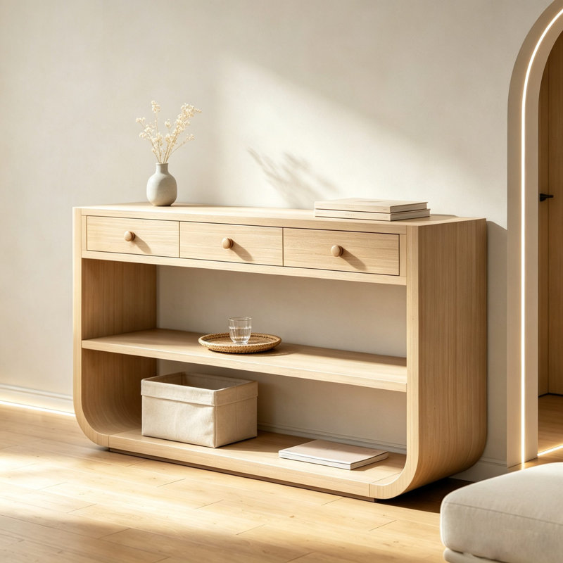 Console moderne en U incurvée moderne, canapé d'entrée avec 3 tiroirs et 2 tablettes de rangement ouvertes, Natural
