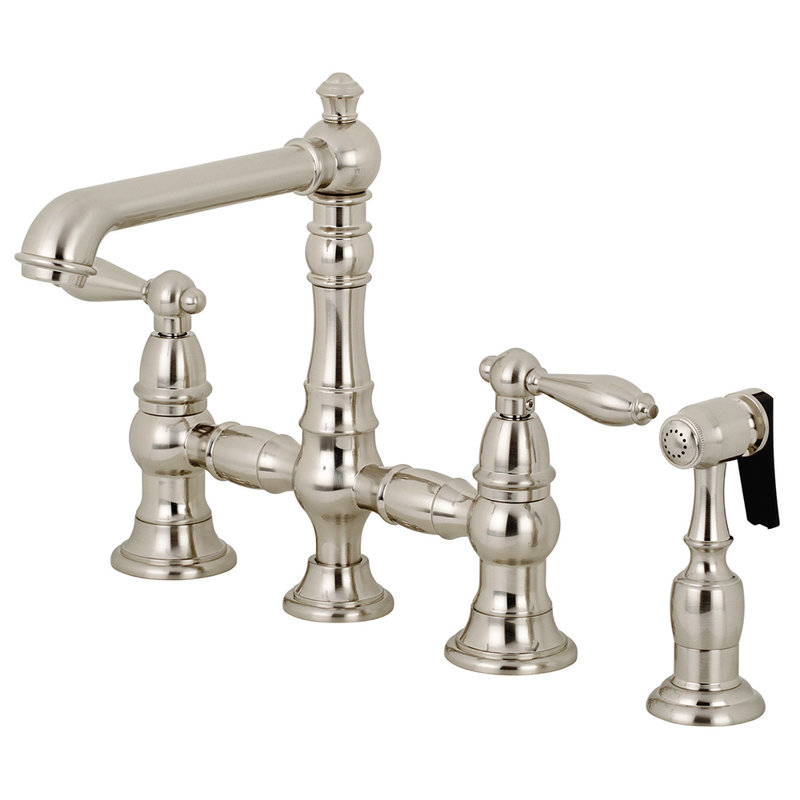 Kingston Brass English Country Two-Handle 4-Hole Deck Mount Bridge Kitchen Faucet with Brass Side Sprayer, Brushed Nickel