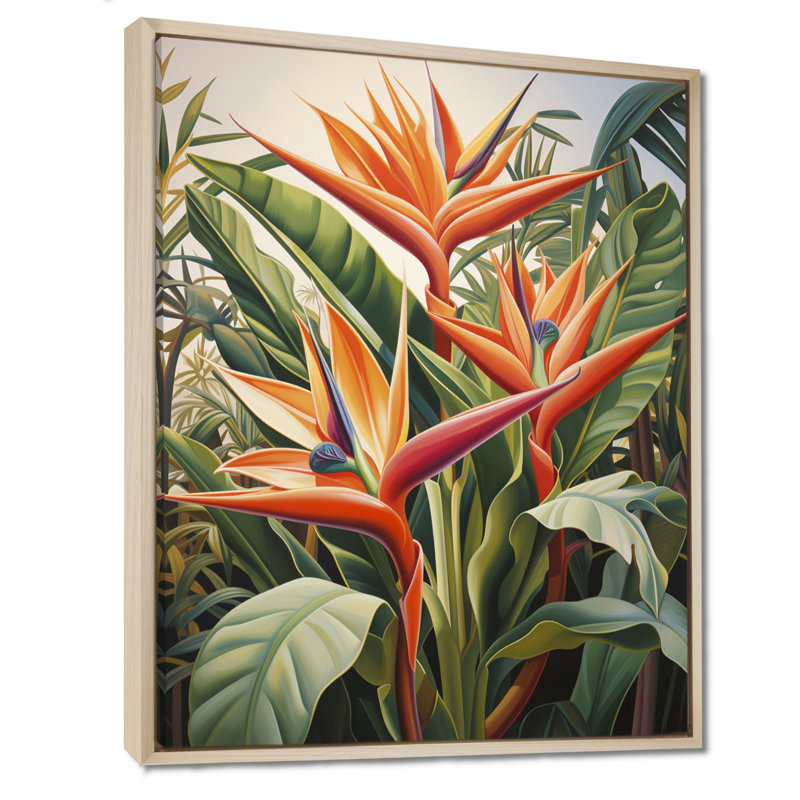 Oiseaux de paradis fleurs tropicales I - Oiseaux de paradis, impressions sur toile, Cadre flottant brun