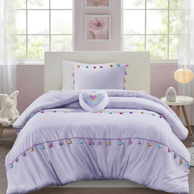 Literie simple en lavande avec 2 taies décoratives et un oreiller en forme de cœur - édredon en microfibre à pampilles, sécuritaire pour la peau