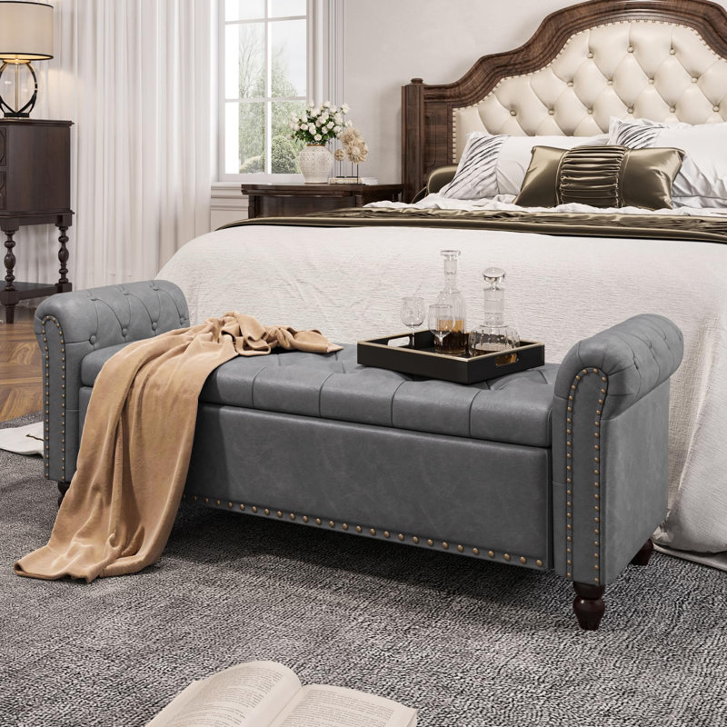 Banc de chambre à coucher avec rangement, Gris, H 22 po x l 55,7 po x P 18 po