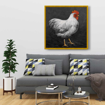 Grey Rooster 2 - White Feathers Framed Canvas Home Decor