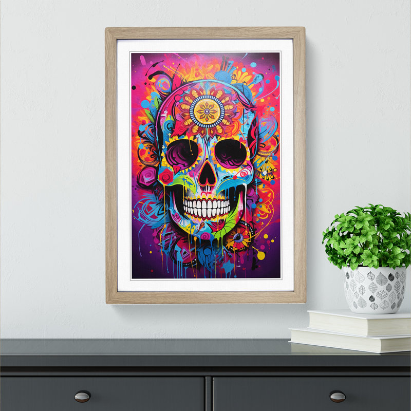 Sugar Skull Action Painting No.2 - Single Picture Frame Print on Wood, 46cm H x 34cm W x 2cm D, Oak