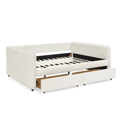Daybed With Trundle, Drawer Storage Option, Queen Size, Upholstered, Beige Boucle, Stylish Stripe, Comfortable Seating Experience, Easy Installation Manual Solution, Vertical Padding, Steps