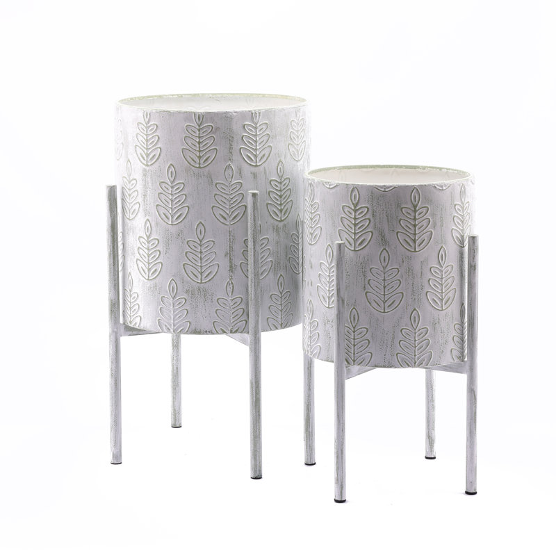 Ingund 23" Modern Metal Planter Set with Stand, White Sage Leaf Pattern Indoor Cache Pots, Set of 2
