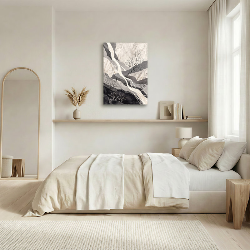 Tableau sur toile représentant un paysage de rivière en marbre gris et blanc avec des arbres, H 24 po x l 18 po