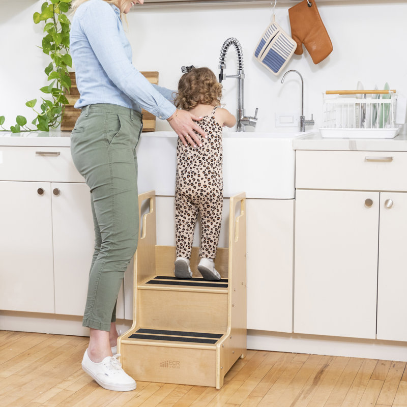 Natural Birch 2-Step Wooden Kids Step Stool with Handles