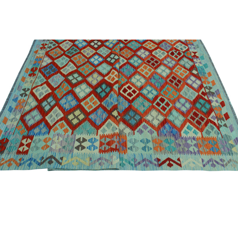 Tapis bleu clair/rouge en laine Kilim fabriqué à la main hults