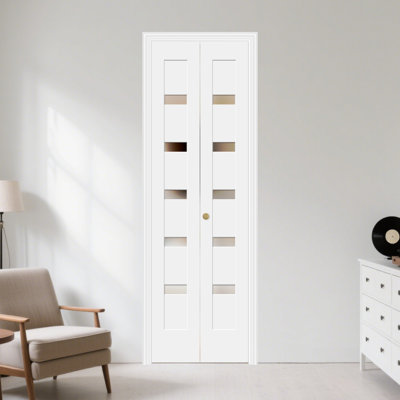 Porte pliante en bois blanc avec petit noyau en verre givré 5 pièces avec quincaillerie d'installation