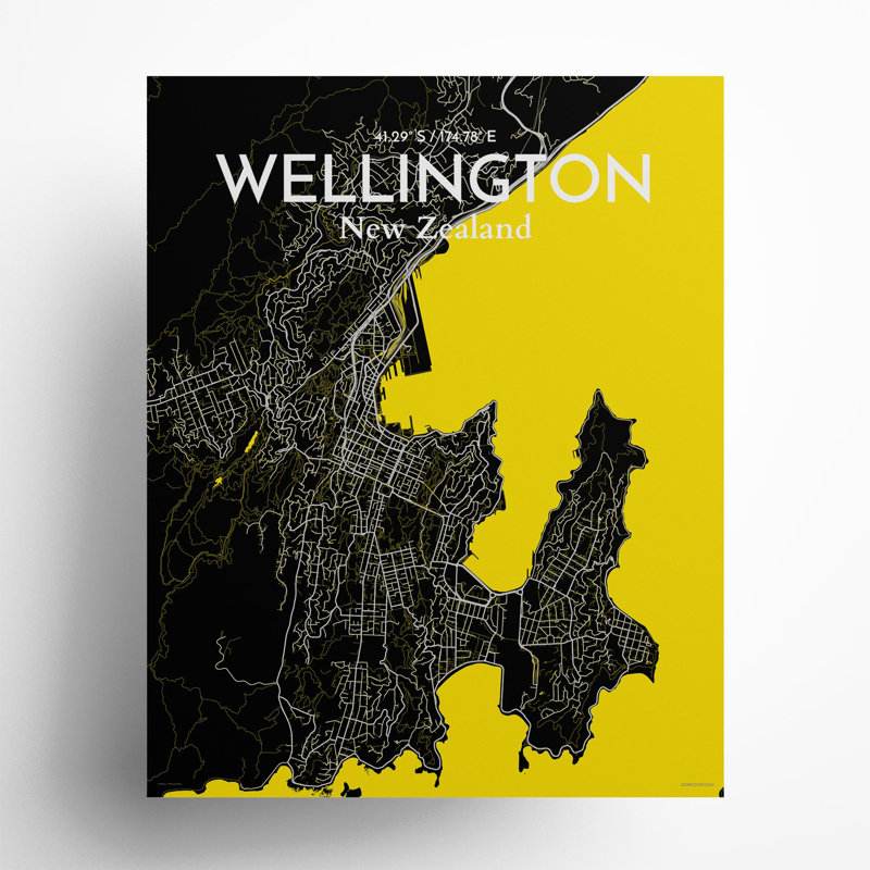 Wellington, carte de la ville, impression, Noir / Jaune, H 20 po x l 16 po