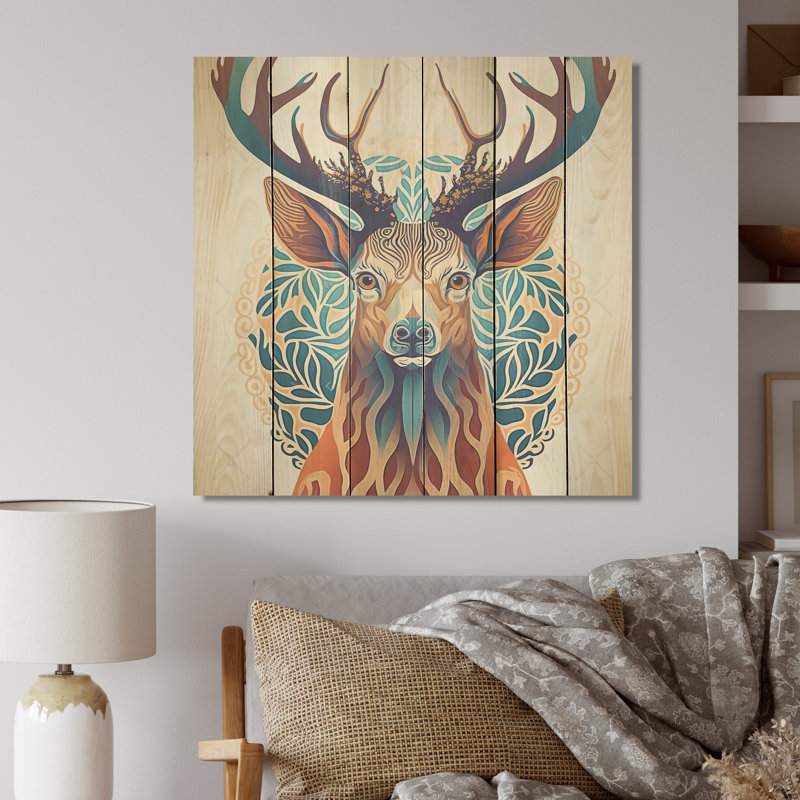 Wild Buck en bleu et brun - impression sur bois sans cadre, H 36 po x l 36 po x P 1,5 po