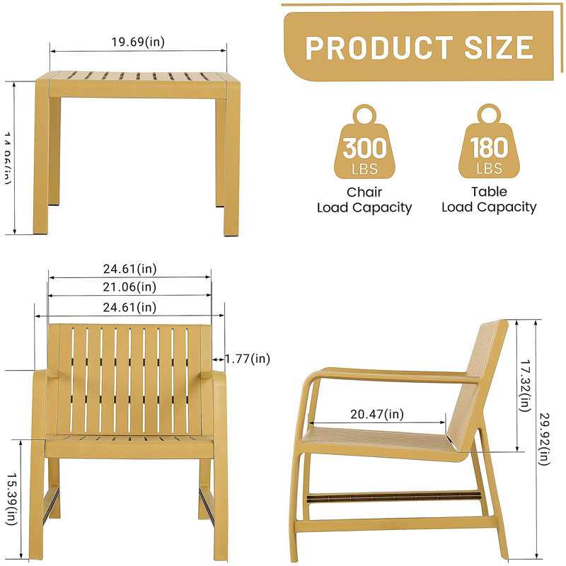 Holiday - Ensemble de meubles d'intérieur / extérieur 2 pièces 1 chaises et 1 table basse Matériau PP imperméable - Ensemble de conversation pour patio facile à assembler (jaune)
