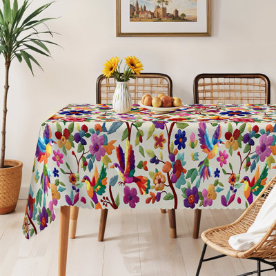 Mexican-style Tablecloth Decorated with Colorful Embroidery-Style Floral and Bird Motifs, Rectangular Machine-Washable Tablecloth, Ideal for Indoor Dining and Family Gatherings