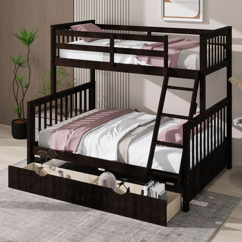 Twin Over Full Bunk Bed With Two Storage Drawers, Convertible Into 2 Beds, Solid Wood Bunk Bed With Ladder And Guardrails
