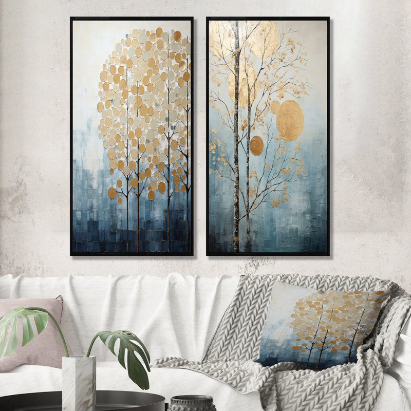 Minimalisme, ensemble d'arbres décoratifs muraux dorés et bleus, H 28 po x l 25 po, Cadre flottant noir