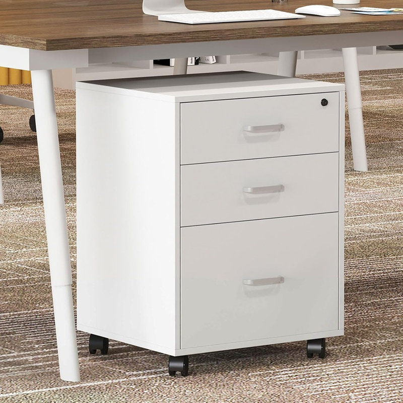 Classeur mobile en bois à 3 tiroirs avec serrure, organisateur de rangement à roulettes pour bureau à domicile, blanc