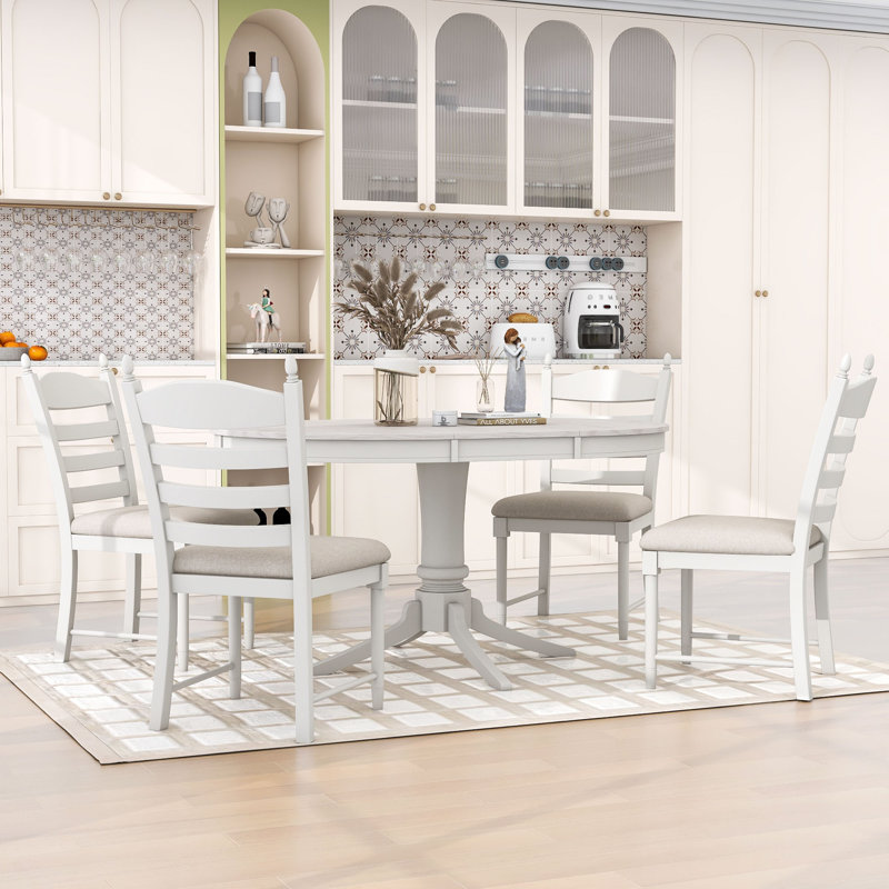 Danyelle 5Pcs Extendable Round Dining Set with Wood Table and 4 Upholstered Chairs, Antique White
