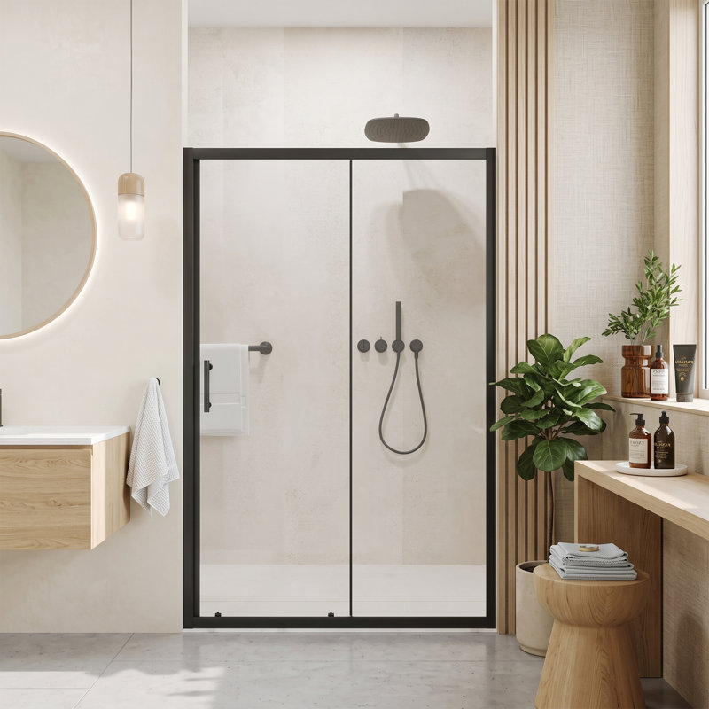 Porte de douche coulissante simple, 122 cm (L) x 183 cm (H), verre trempé transparent de 5 mm, noir mat