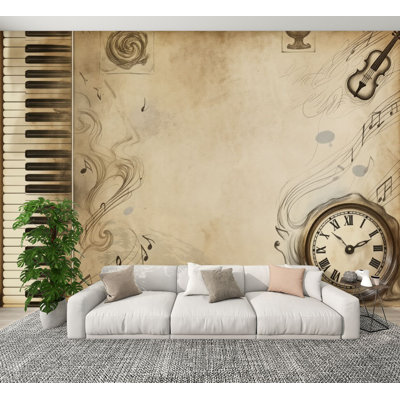 Papier peint à peler et coller Graffiti musical, touches de piano rétro, horloge de musique, sépia, murales, peinture murale, sépia, H 100 po x l 144 po, papier peint amovible, adhésif mural pour studio de musique, salle de classe, maison de classe