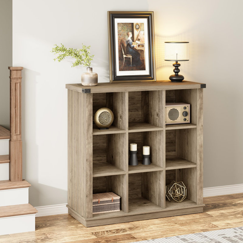 9-Cube Wood Bookshelf, 3-Tier Farmhouse Storage Organizer, Minimalist Floor Display Cabinet for Living Room, Bedroom, Home Office