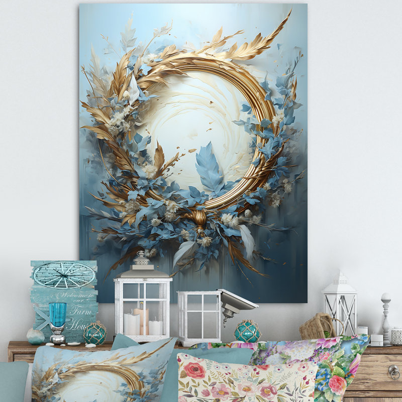Couronne de fleurs bleues et dorées III sur toile, Black Picture Framed, 32" H x 16" W
