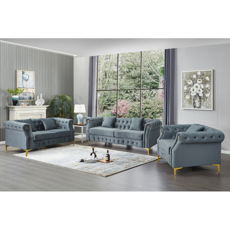 Ensemble de salon configurable en velours 3 pièces Frotten, Velours gris