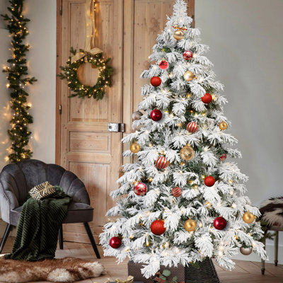 Arbre de Noël 8 pi en forme d'épouvantail avec 470 lumières DEL blanc chaud, 1242 pointes de mémoire en PVC, structure à charnières et base en métal - arbre de Noël réaliste enneigé