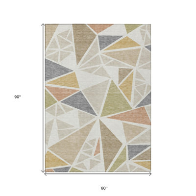 5' X 8' Ivory Brown And Green Geometric Washable Indoor Outdoor Area Rug