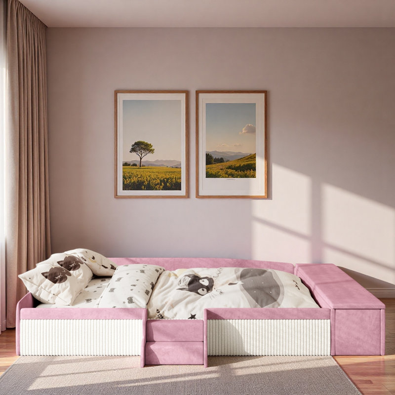 Upholstered Daybed With Stairs And Gas Lift Storage Ottoman, King, Pink