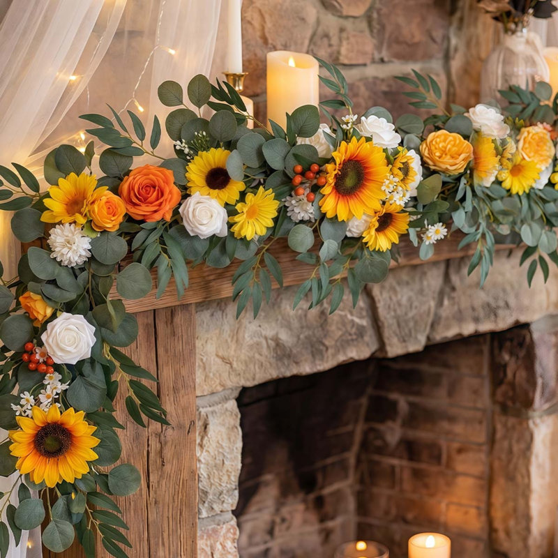 Guirlande de feuilles de saule eucalyptus avec fleurs, Jaune