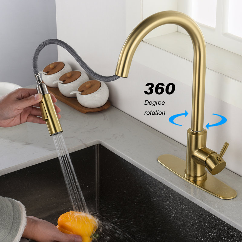 Robinet de cuisine tactile avec fonction extractible, levier unique pour faciliter le réglage de la température et du débit de l'eau, buse à grande arche rotative à 360 °, revêtement en acier inoxydable brossé or, Aérateurs A