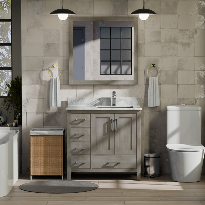 Ensemble de meuble-lavabo simple 36 po Jacques, Gris patiné, Marbre de Carrare blanc