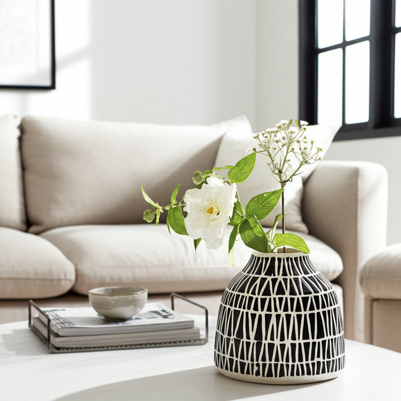 Modern Ceramic and Stoneware Vase with Embossed Geometric Pattern for Sleek Decorative Accent Display, 5" H x 5" W x 5" D