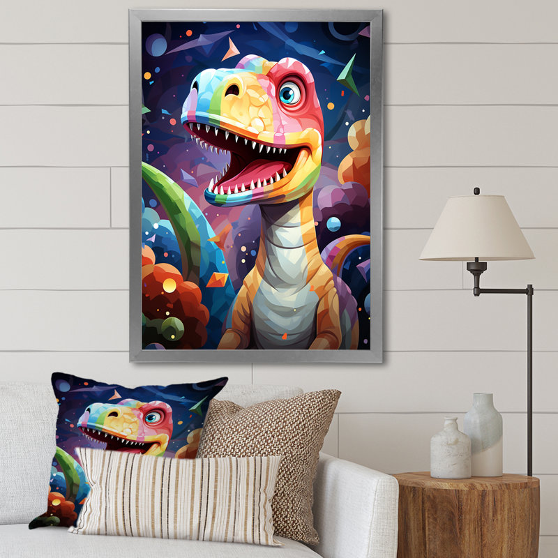 Cubiste mignon, dinosaure pour enfants - art mural dinosaure, Cadre photo argenté, H 32 po x l 24 po x P 1 po