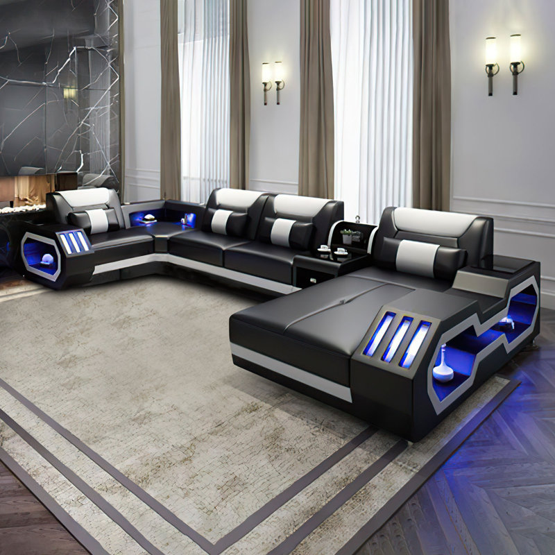 Arcadius Upholstered U-Shaped Sectional, Black/White Leather , Right Hand Facing