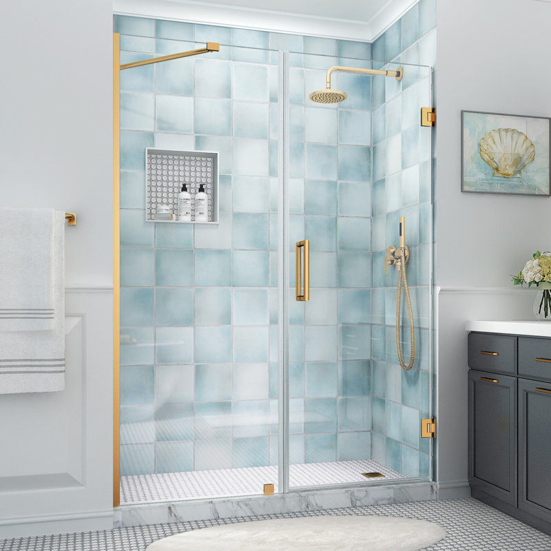 Belmore XL 62.25 - 63.25 in. W x 80 in. H Frameless Hinged Shower Door with StarCast Glass, Brushed Gold, Clear Glass