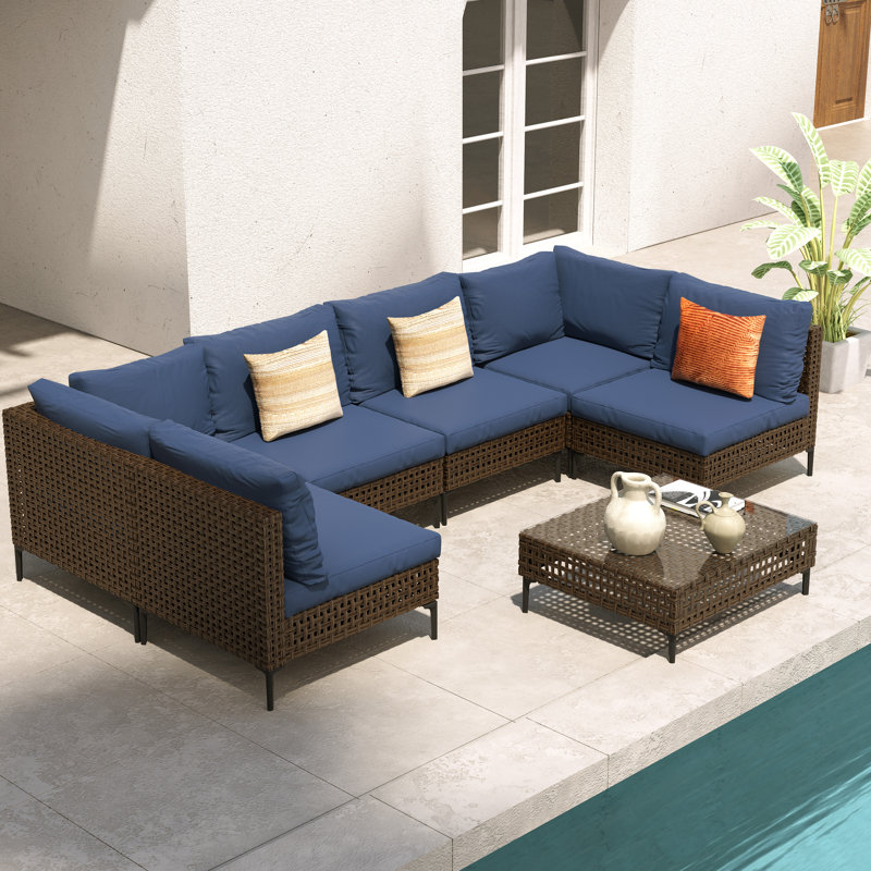 Marvalyn 7-Piece Modular Outdoor Sectional Seating Group with Cushions and Table , Dark Brown/Navy Blue