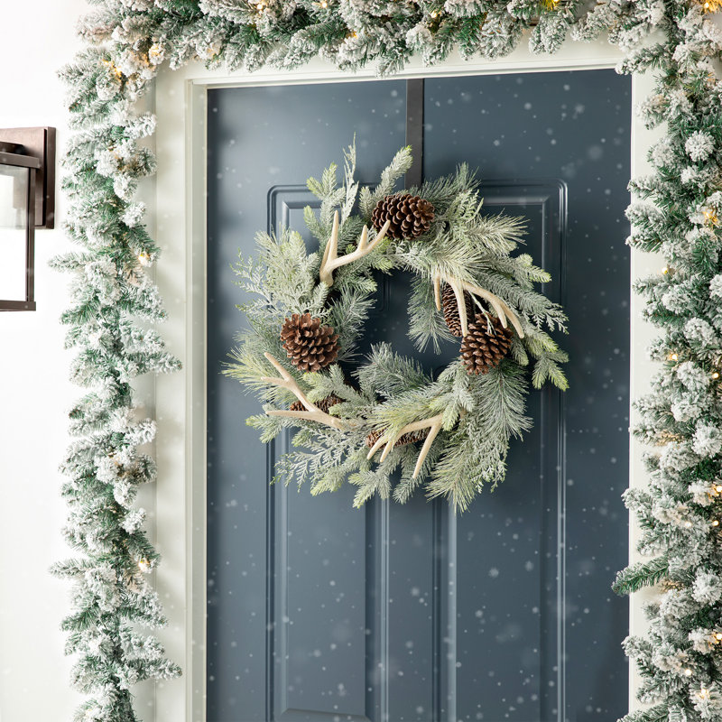24"D Christmas Flocked Pinecone & Antler Wreath, Green