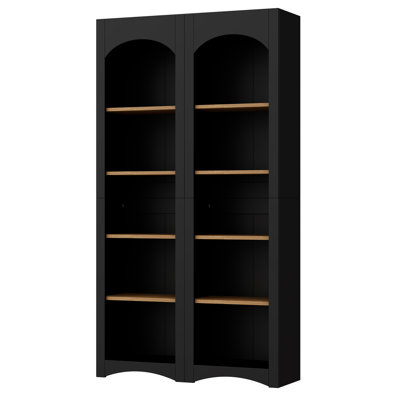 Black Free Standing 5-Tier Bookshelves Set of 2 – Farmhouse Two-Tone Adjustable Bookcase Cabinet for Living Room & Home Office