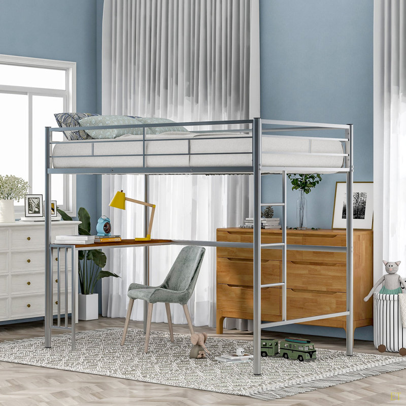 Lit mezzanine simple en métal avec bureau, échelle et garde-corps, lit mezzanine pour chambre à coucher, Argent