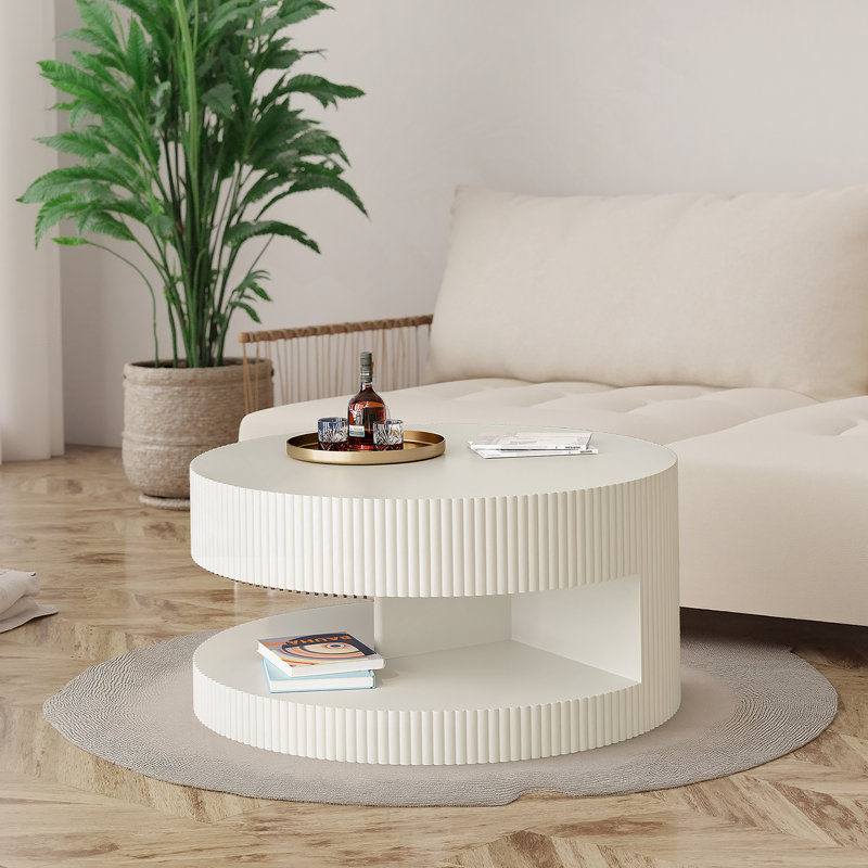 Table basse 31,5 po, table centrale moderne avec rangement, rayures verticales, Blanc