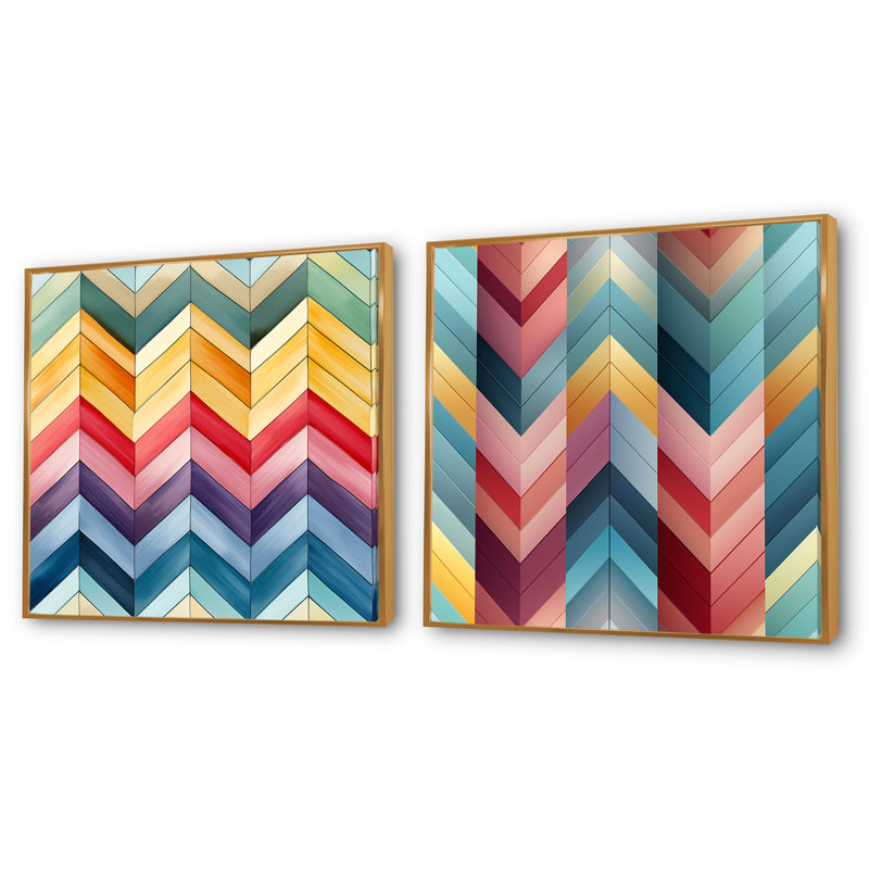 Aquarelle Caprice multicolore à motif de chevrons II - formes abstraites carrées, ensemble de 2 collages, Cadre flottant doré