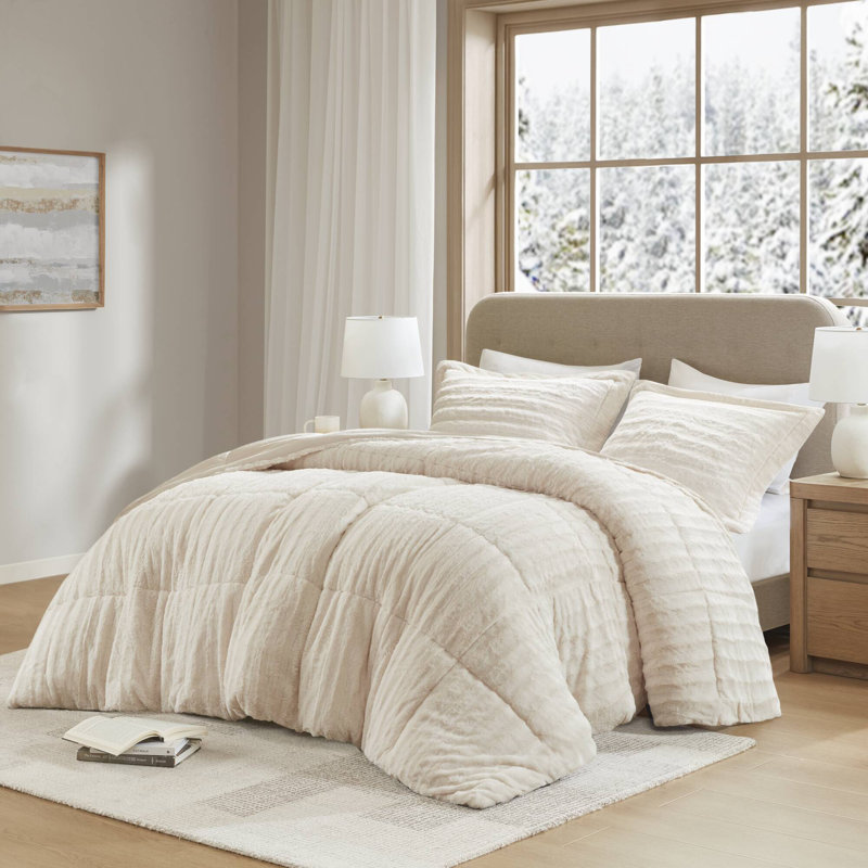 Ensemble d'édredon en fausse fourrure ultra-doux 3 pièces Duke Champagne, Édredon double / grand + 2 taies décoratives sta