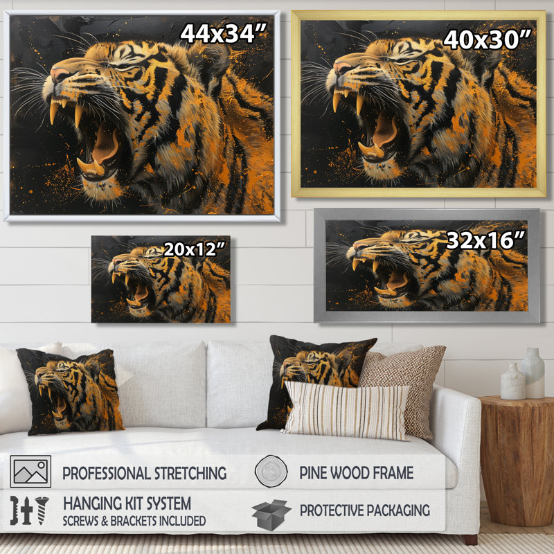 Portrait de tigre noir et doré, H 12 po x l 20 po x P 1 po, Cadre simple noir