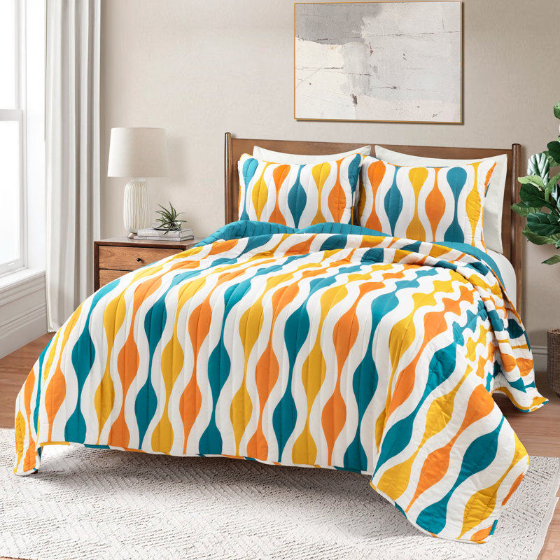Ensemble de courtepointe en microfibre Mid Century Geo, Grand, Turquoise / orange