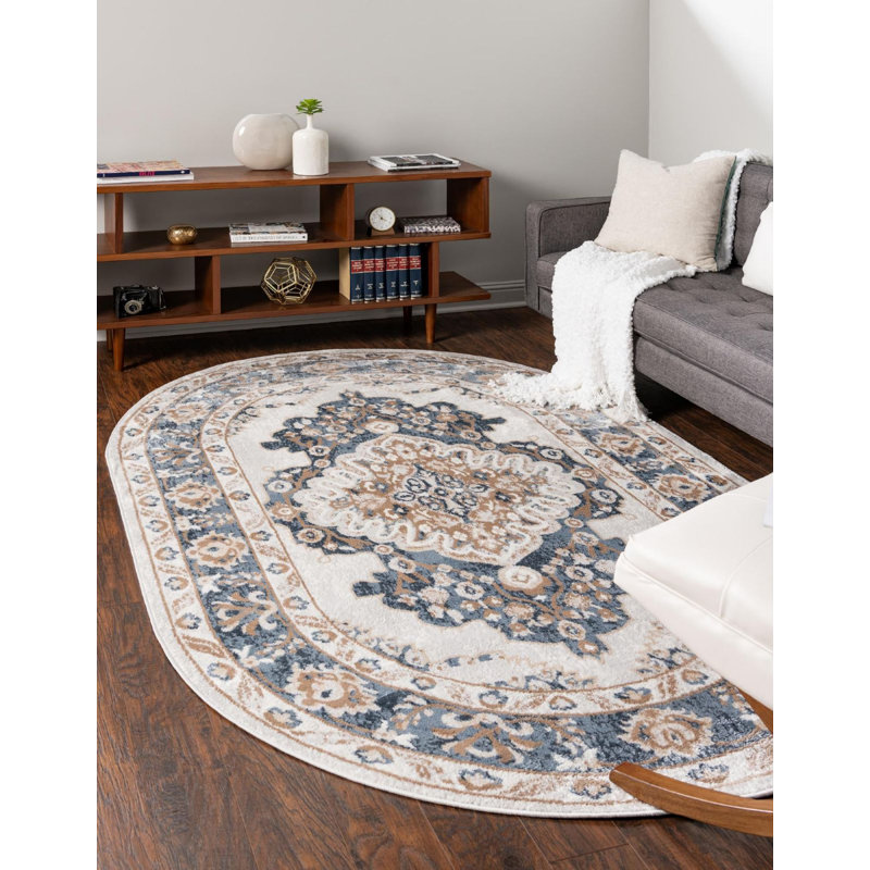 Tapis oriental en polypropylène tissé à la machine Octagon en ivoire / gris, Ovale 4 pi x 6 pi