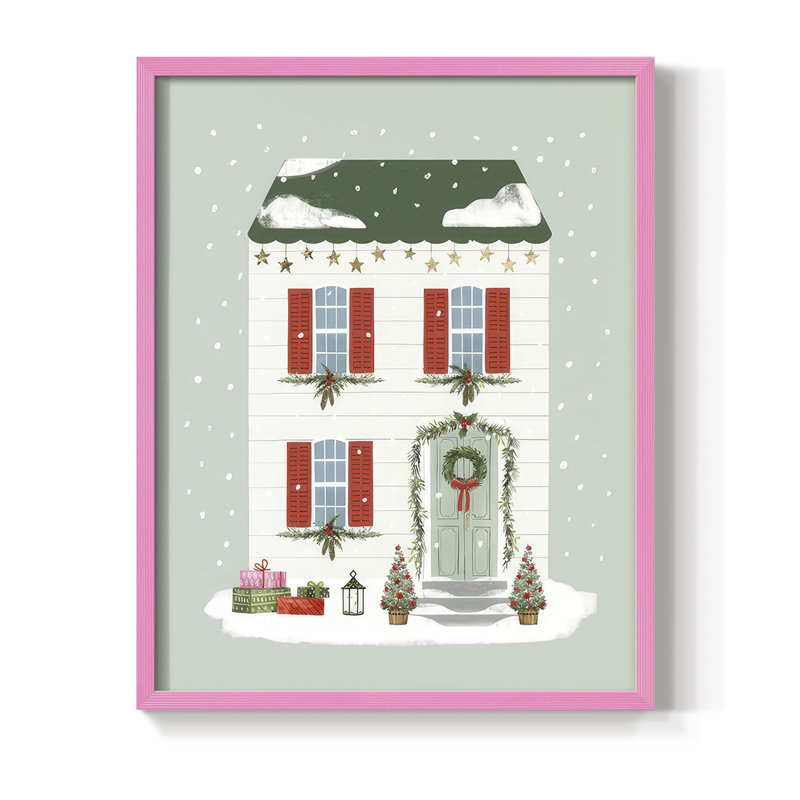 Festive Front Door IV Framed Print - Solid Wood, Pink, 11" H x 9" W