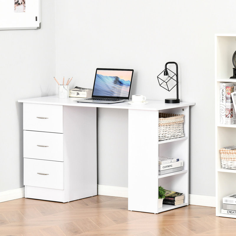 White 47" Computer Desk Bookcase With 3 Drawers & Storage Shelf, Modern Office Workstation For Home, Spacious Desktop And Shelf Space - Home Office, Bedroom, Dorm, Apartment
