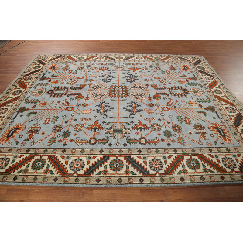 Tapis oriental bleu clair à motif géométrique Oushak 8 x 10